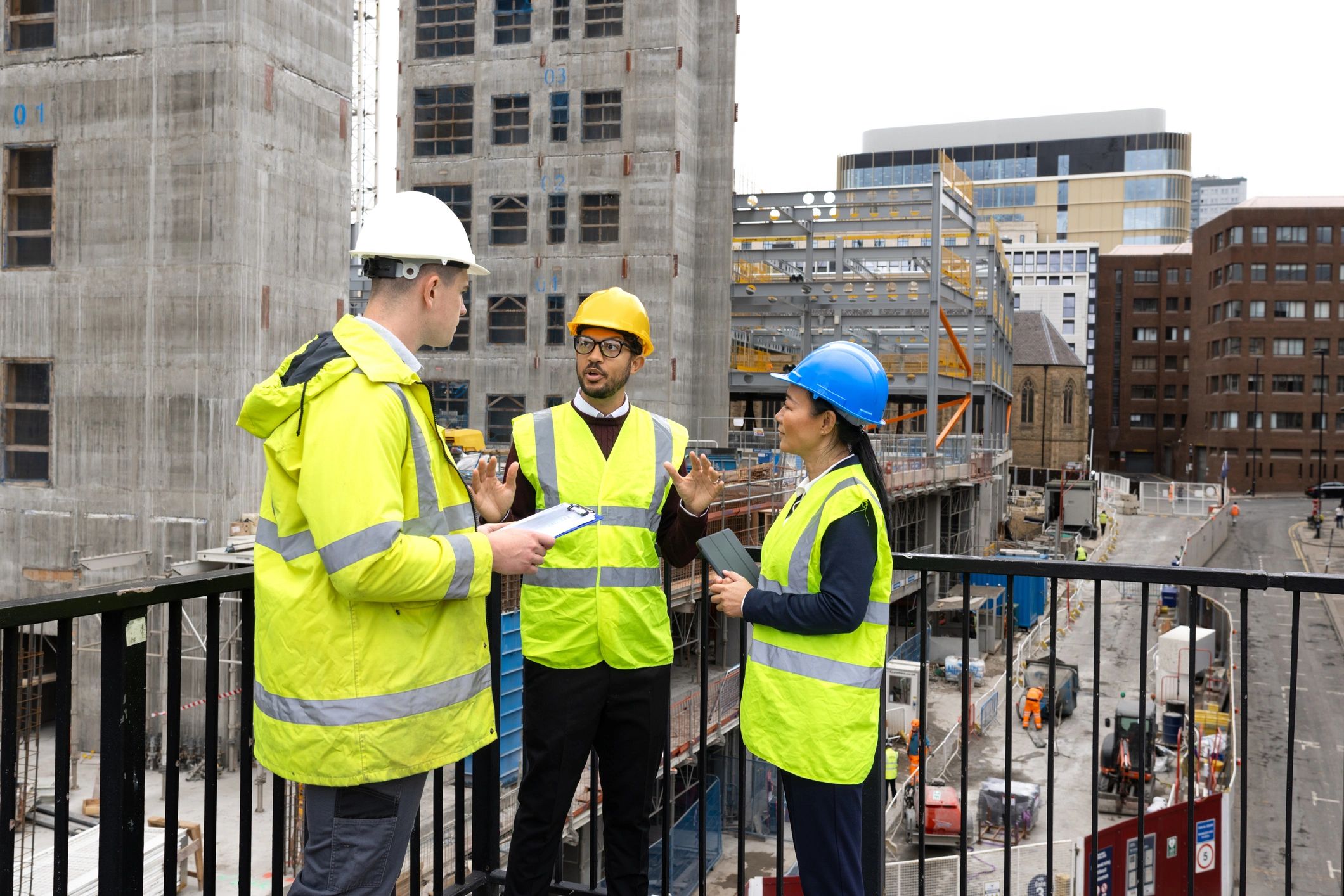 Contractor team reviewing plans at a worksite